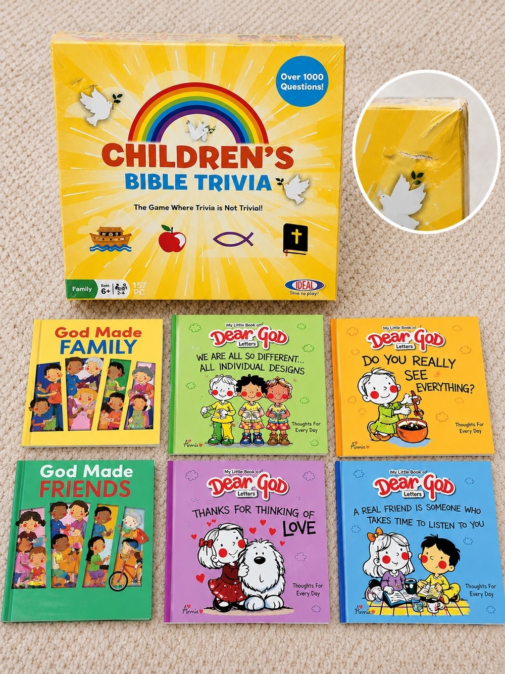 Christian Kids Bible Trivia Game & Dear God Books Bundle 7 Pc Faith Based